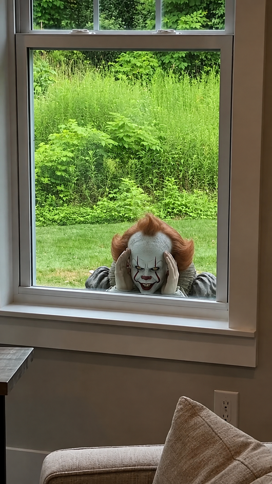 Peeper seen from outside the house through a daytime window